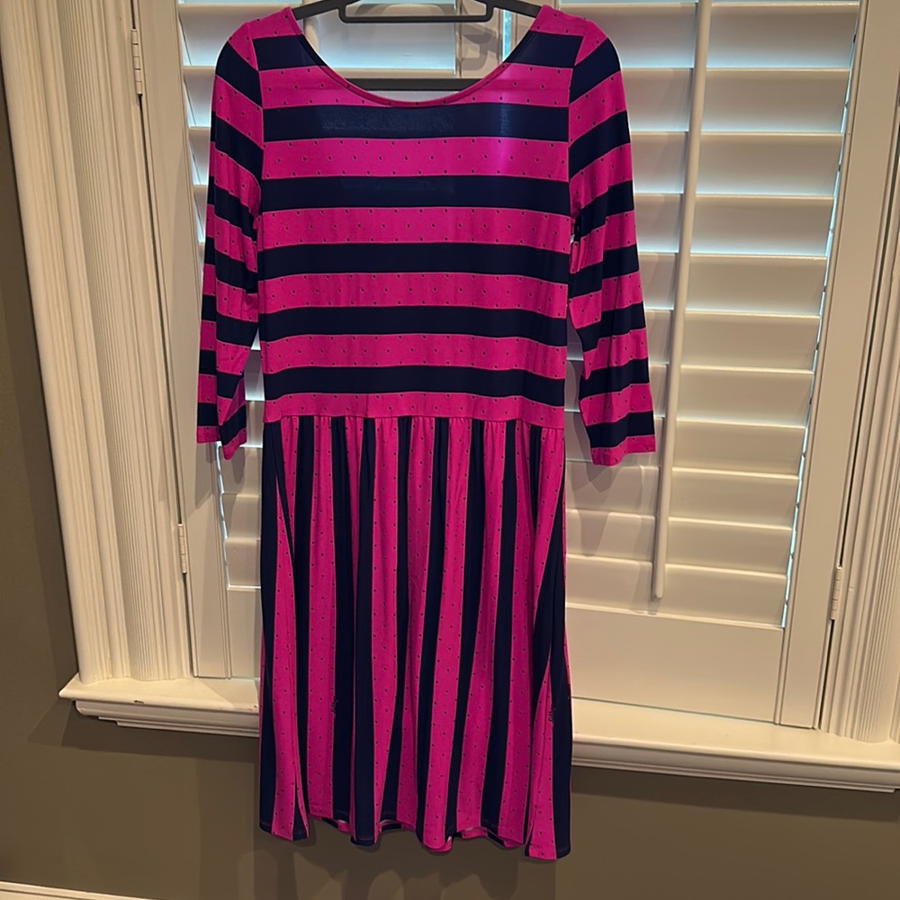 Lilly Pulitzer pink and navy striped dress.